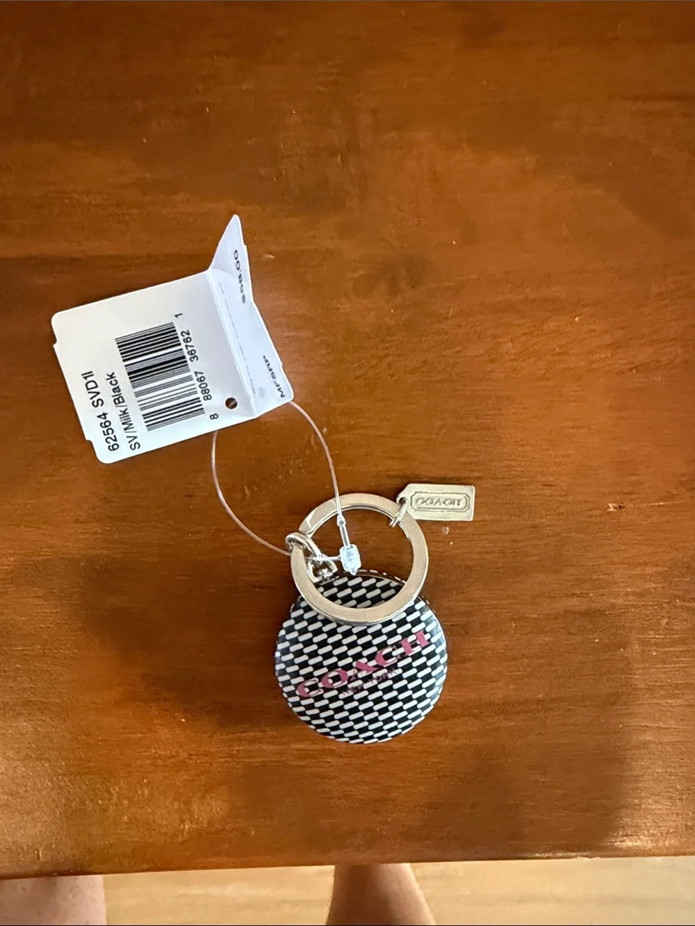 Coach Black & White Woven Logo Disc Keychain with Silver Charm